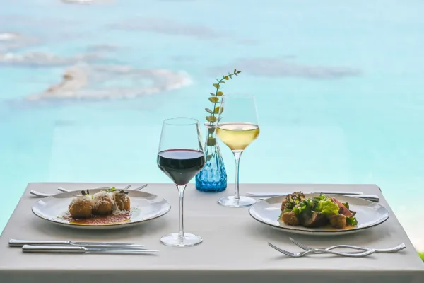 A formal dining table with dinner served and wine. 