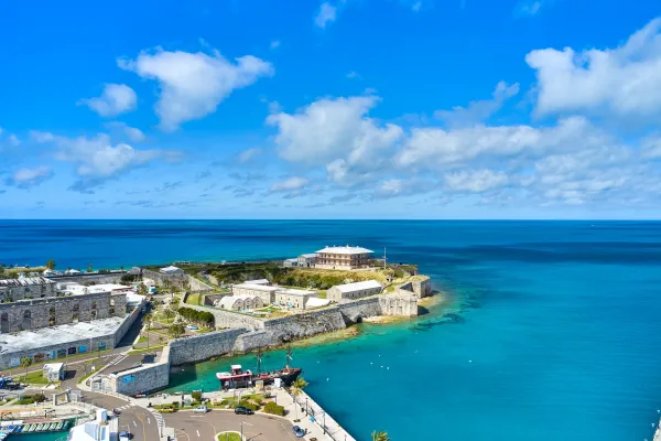The Casemates Barracks, perched on a hill over the ocean in the Dockyard of Bermuda, with the National museum in view