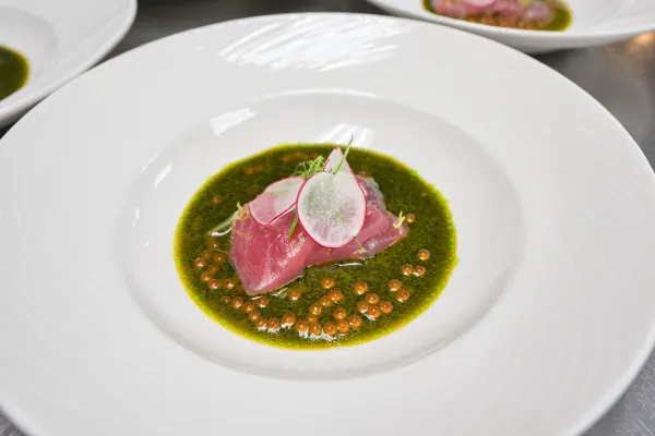 An elegant tuna crudo dish prepared for Bermuda's Restaurant Weeks