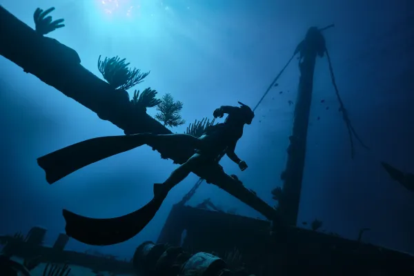 A person snorkelling in full scuba gear through deep Bermudian waters