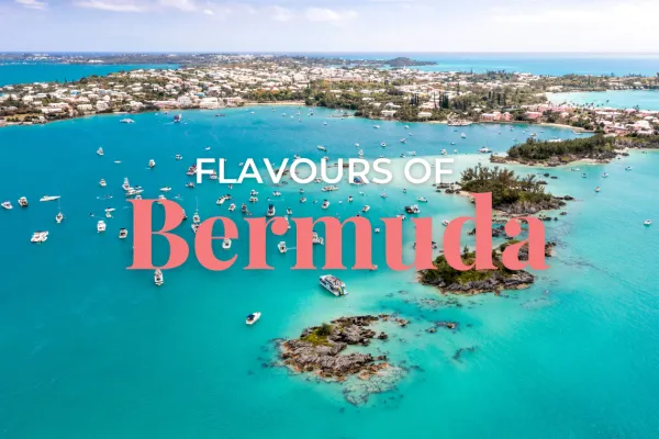 "Flavours of Bermuda" overlaid on an aerial view of the Bermudian coast