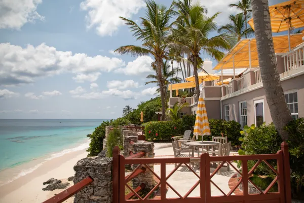A beachfront patio at the Coral Beach Club in Bermuda