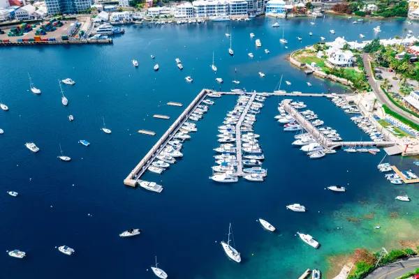 An aerial view of a marina in Bermuda