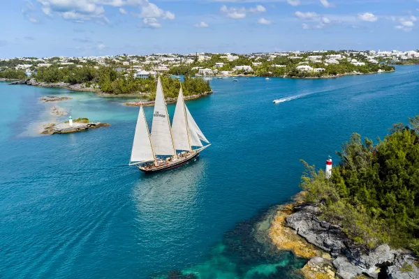 Aerial of Sprit of Bermuda Sloop sailing in the sound.