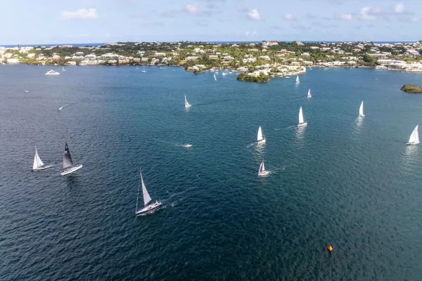 A group of boats are sailing on the hamilton harbour.
