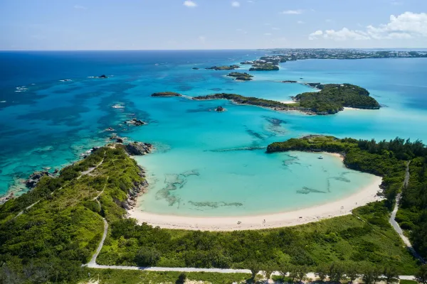 An aerial view of Cooper's Island with various beaches and Non Such Island