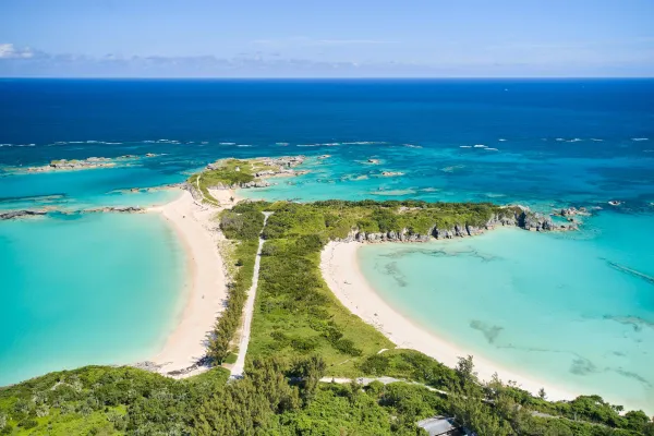 An aerial view of Cooper's Island with various beaches.