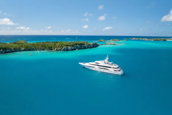 Aerial of Super Yacht in Castle Harbour.