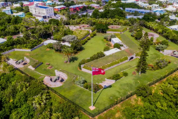 Aerial shot of an old fort and green space