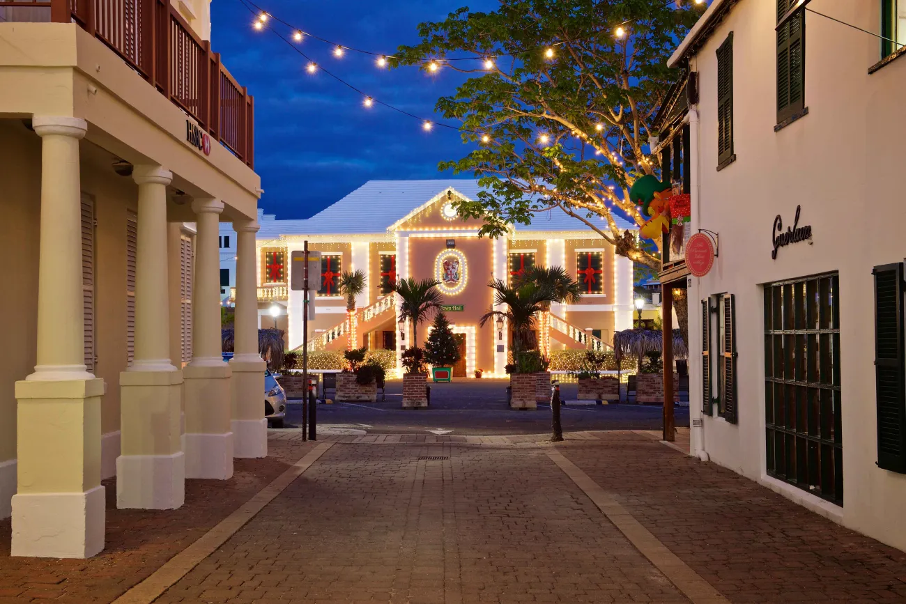 A wide shot of the St. George's Square at Christmas.