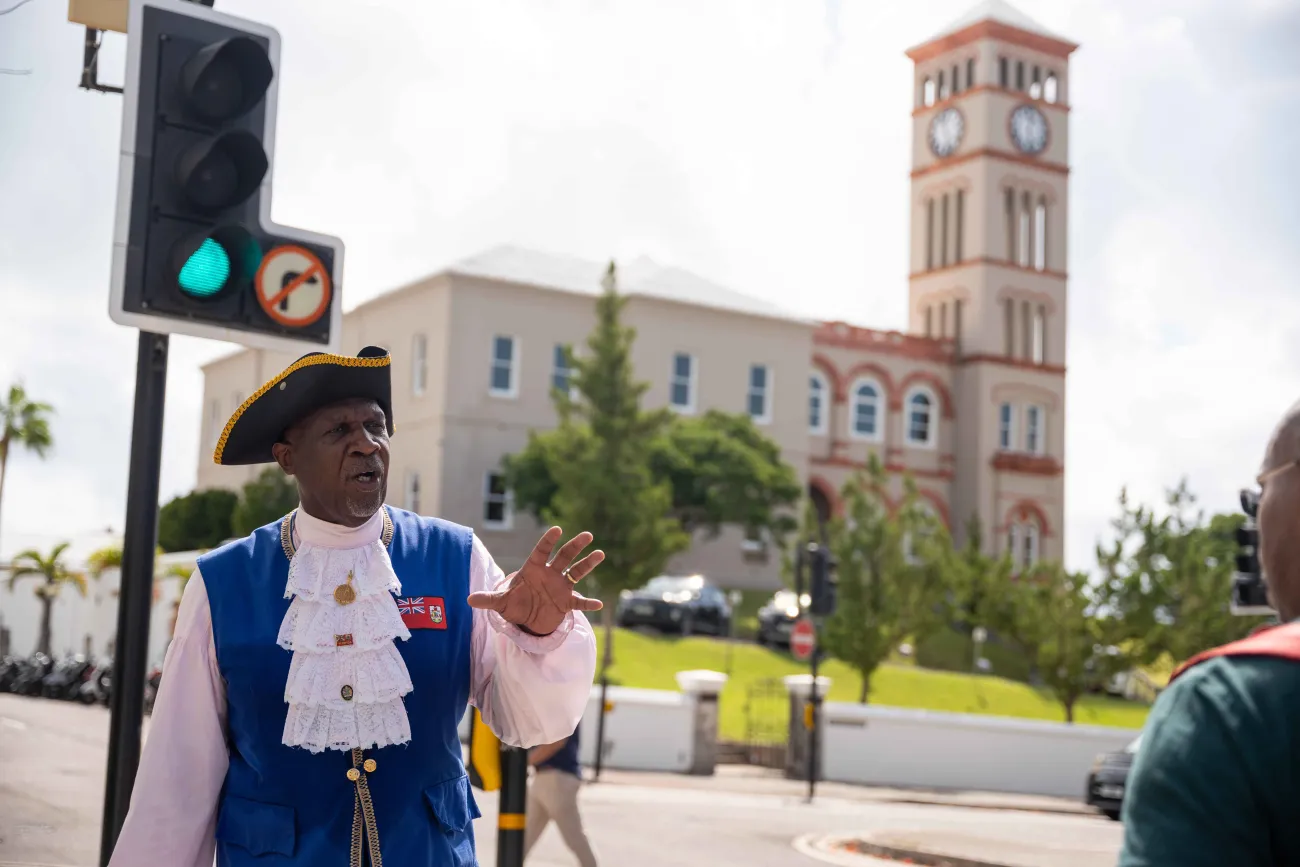 Close up of the town crier.