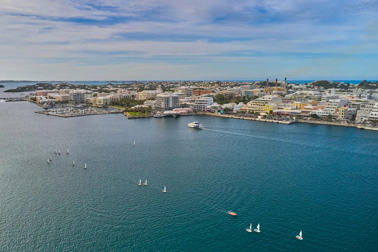 City of Hamilton aerial with sail boats in the foreground.