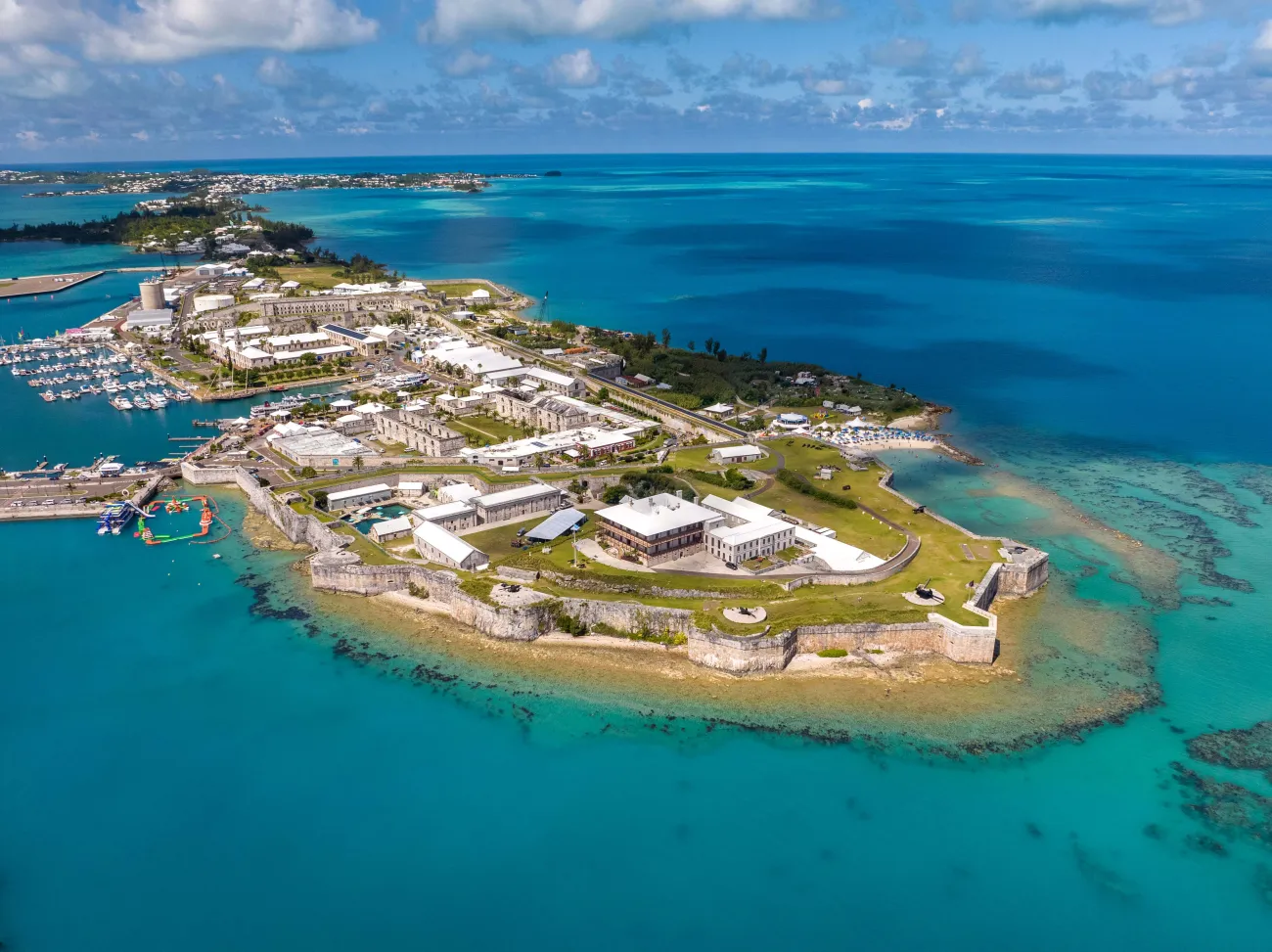 Aerial of Dockyard with blue waters.