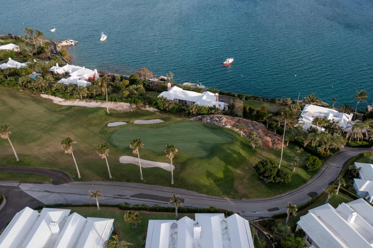 Aerial view of Belmont Golf Course with harbour views. 