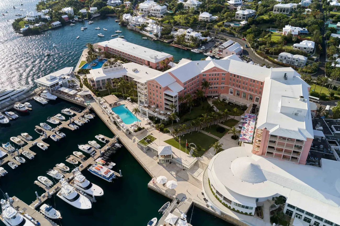 Aerial view of the Hamilton Princess pools.