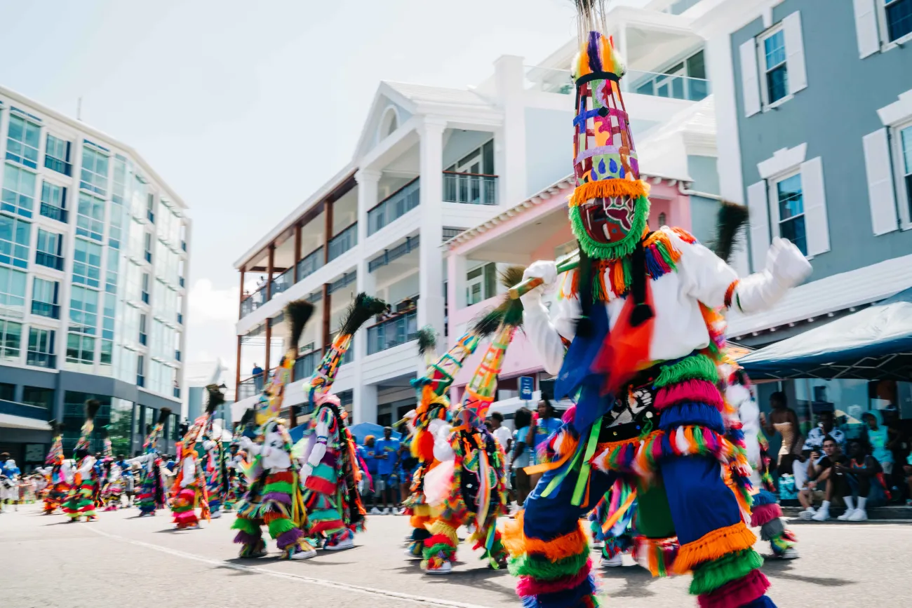 Colourful gombeys dancing in the streets.