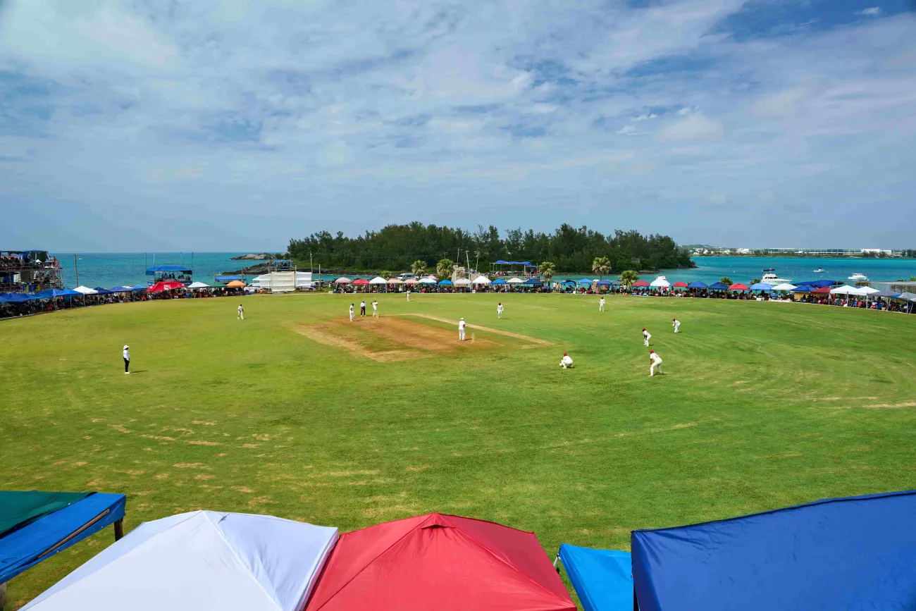 A view of an Eastern County Game with an ocean view in the background.