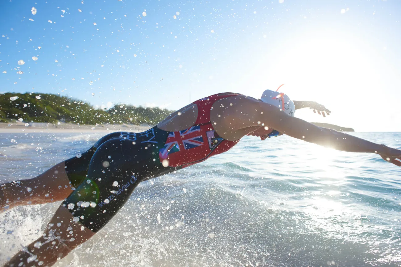 Flora Duffy taking a swim in Bermuda
