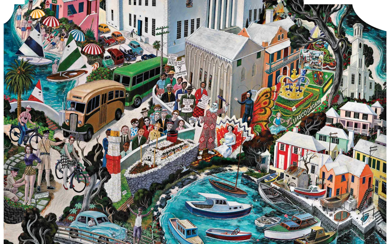 A close up view of the Hall of History mural at the National Museum of Bermuda.