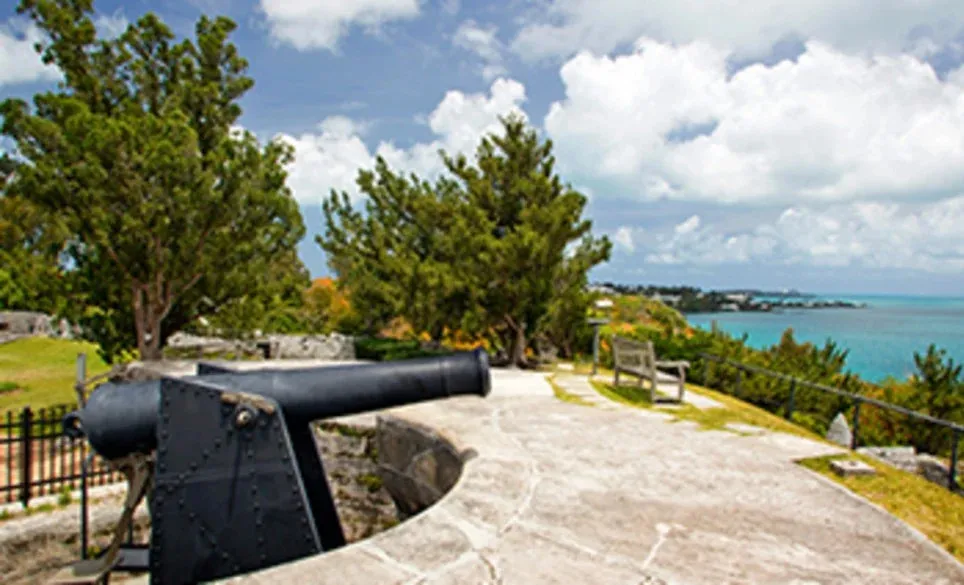 A cannon in an old fort overlooking the water