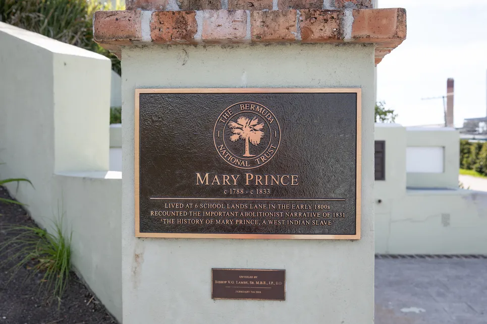 An up close angle of a plaque honouring Mary Prince.