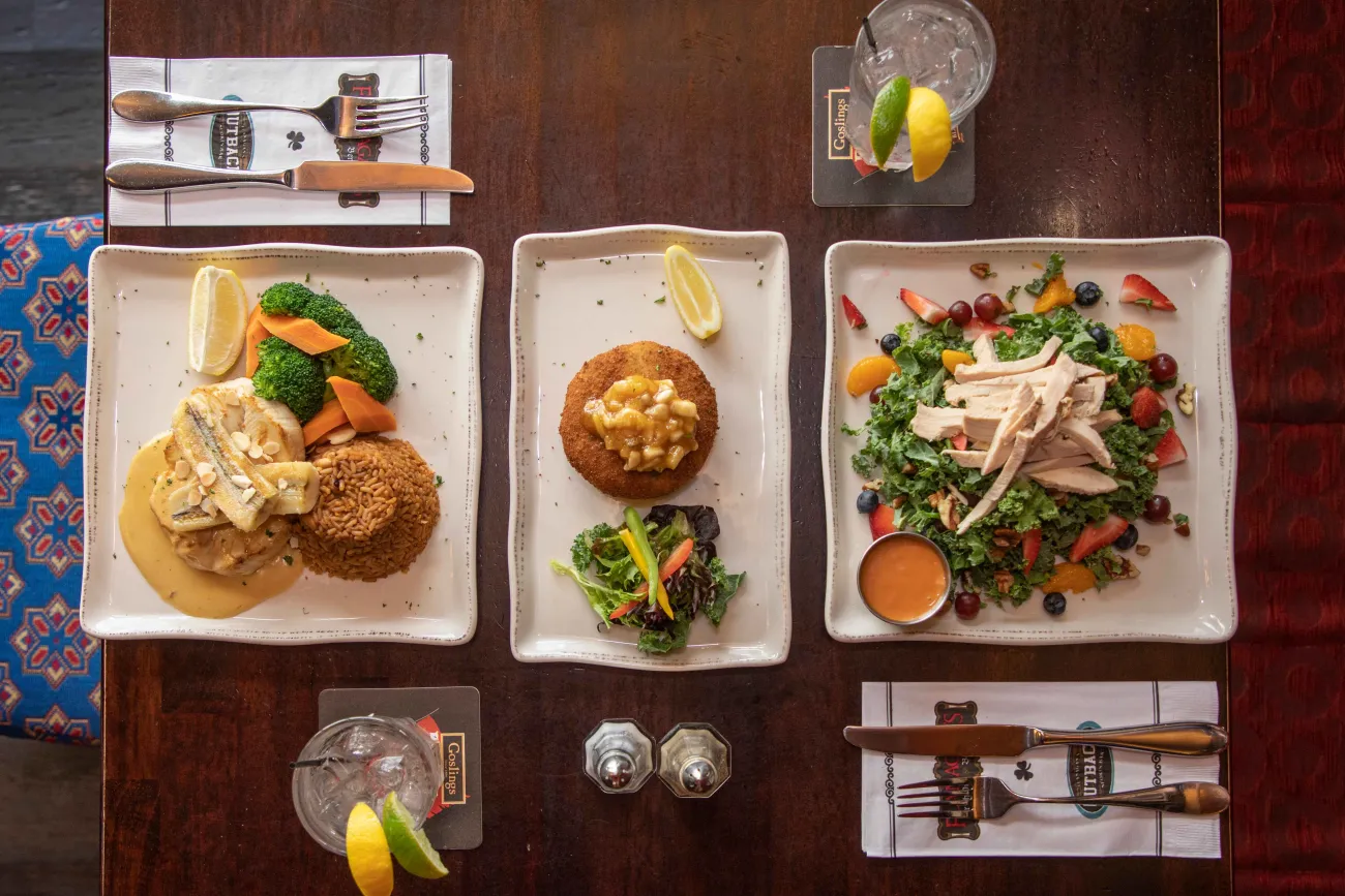 A wide shot of a plate of food at flanagns