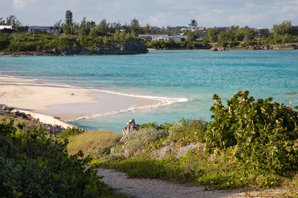 An empty calm beach with house and greenery in the background.