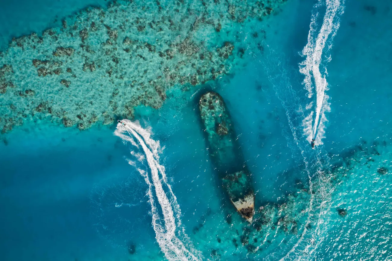 Aerial view of people jet skiing. 