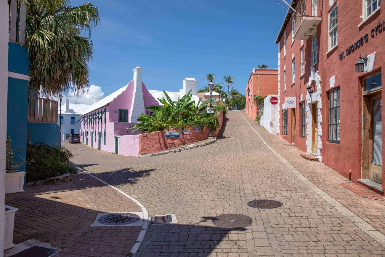 A view of St George's colourful Water Street with bright coloured houses.