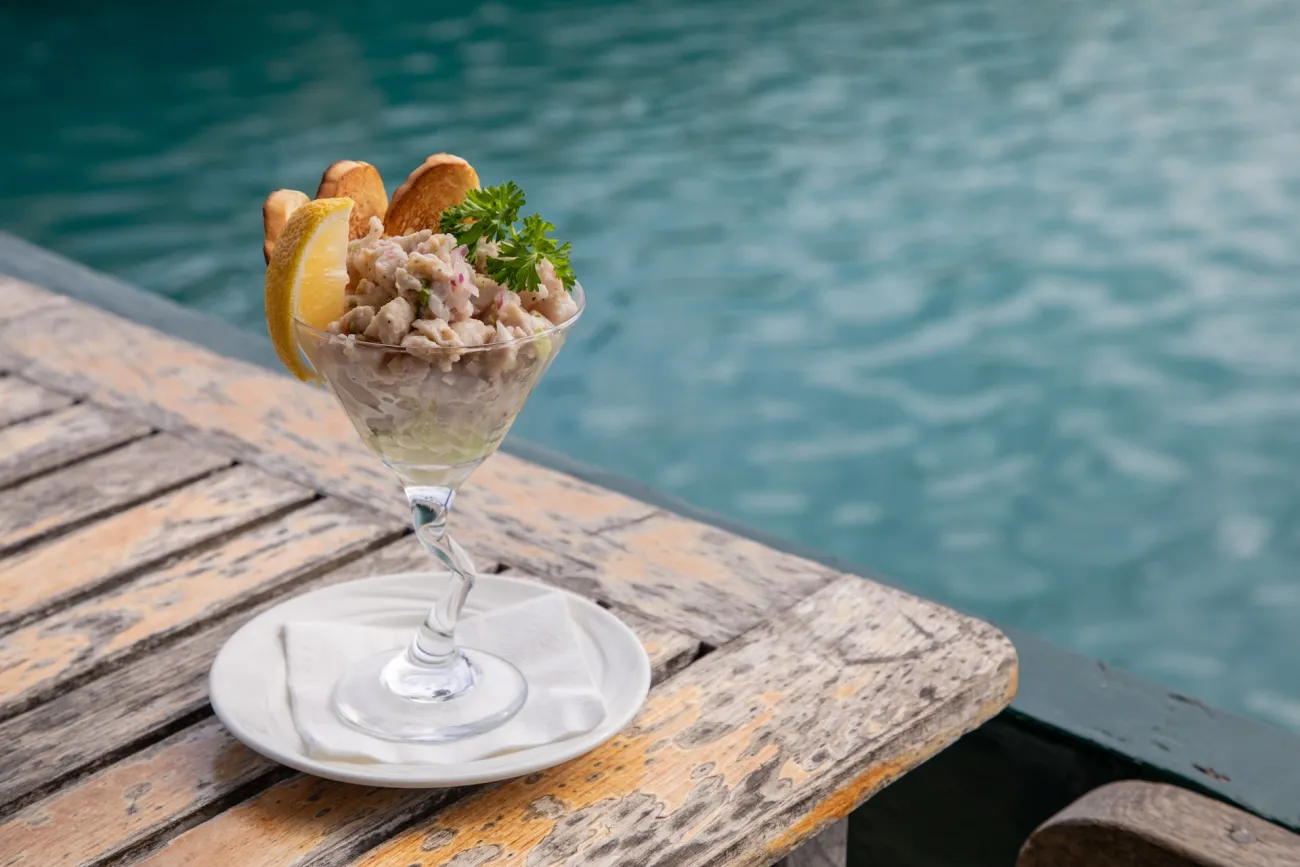 A shrimp cocktail on a patio table in Bermuda
