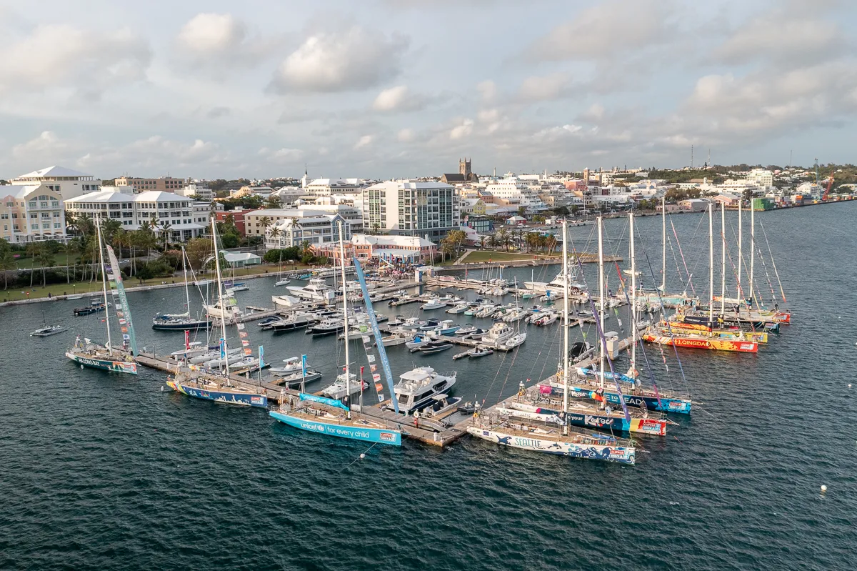 Aerial view of Royal Hamilton Yacht Club with colourful boats.